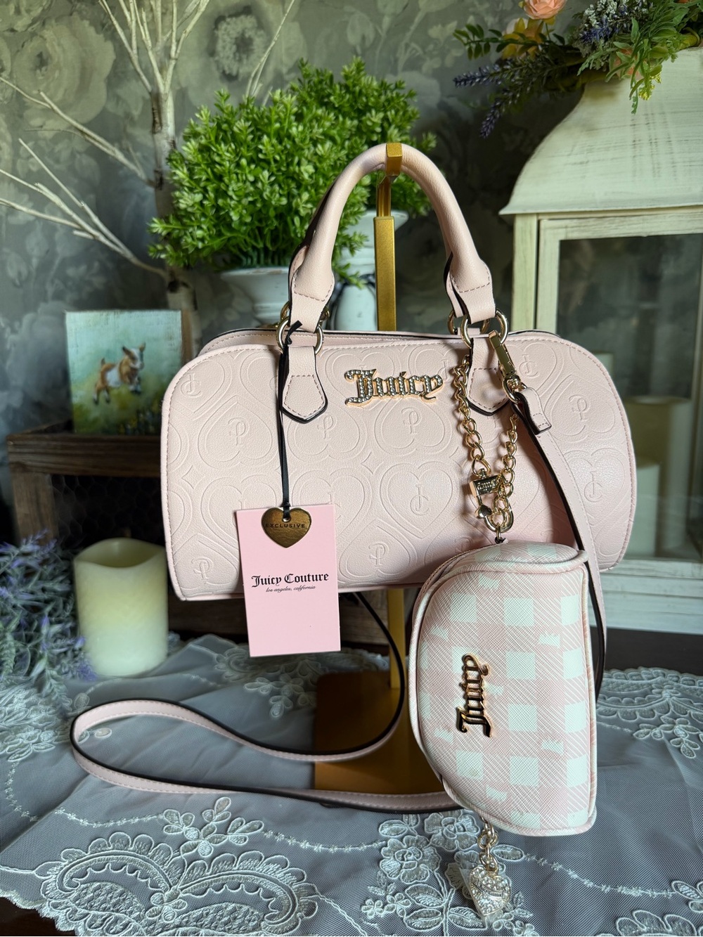 NWT Juicy Couture Pale Pink Embossed Satchel Purse with Check Crossbody Pouch